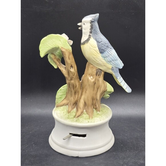 Royal Crown PORCELAIN BLUE JAY On Tree Branch MUSIC BOX Works Great 8" - Picture 9 of 15